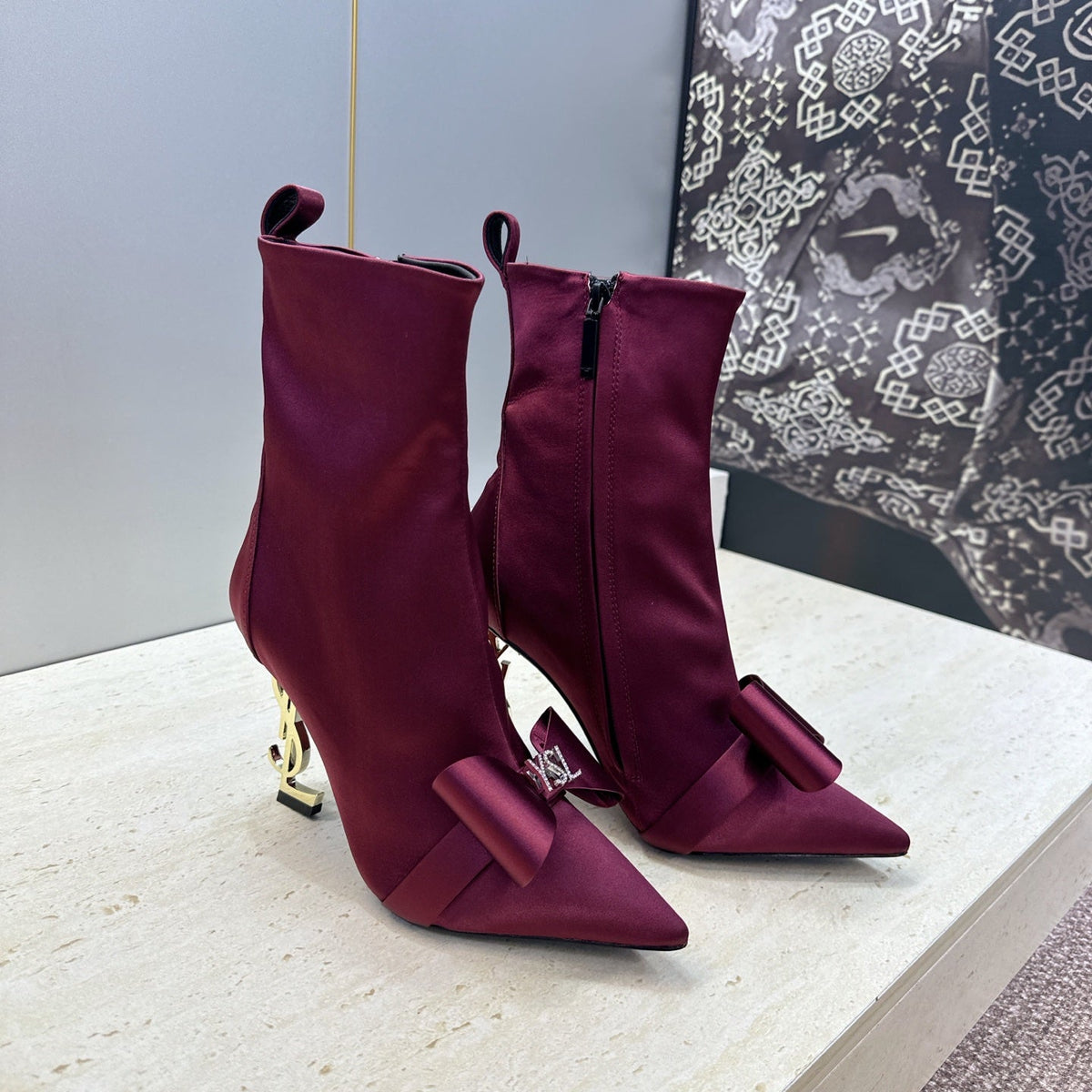 YSL 26S Bow Ankle Boots Pointed-Toe 10.5cm Burgundy Satin 118793