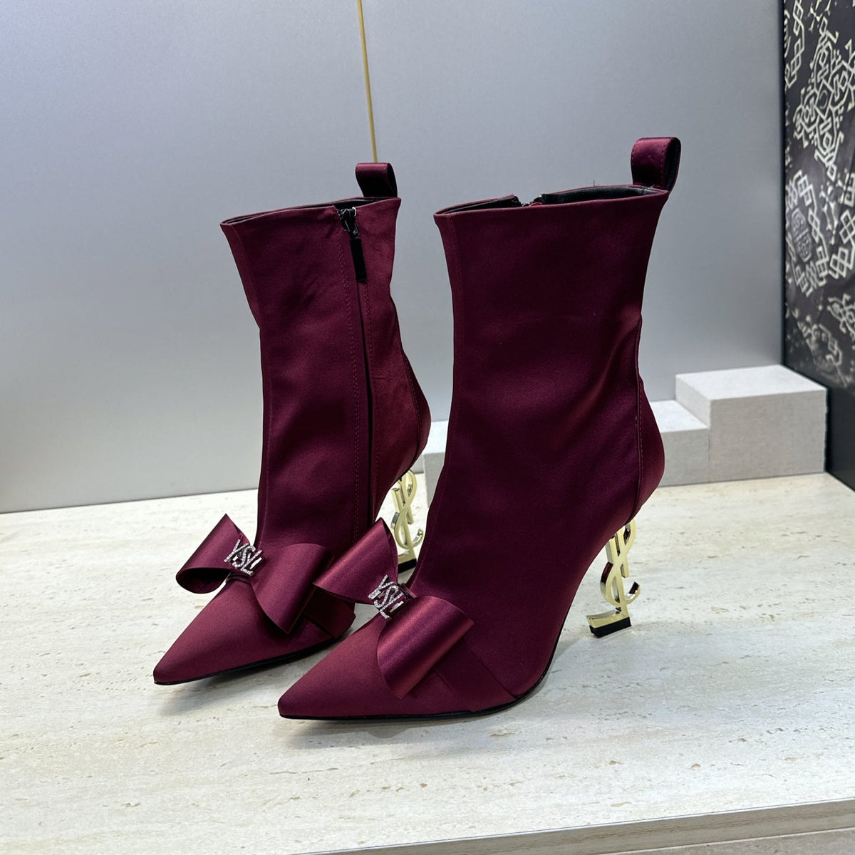 YSL 26S Bow Ankle Boots Pointed-Toe 10.5cm Burgundy Satin 118793
