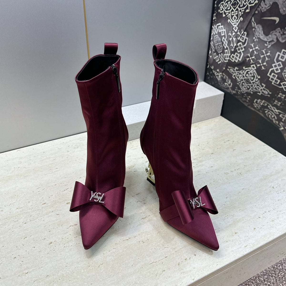 YSL 26S Bow Ankle Boots Pointed-Toe 10.5cm Burgundy Satin 118793