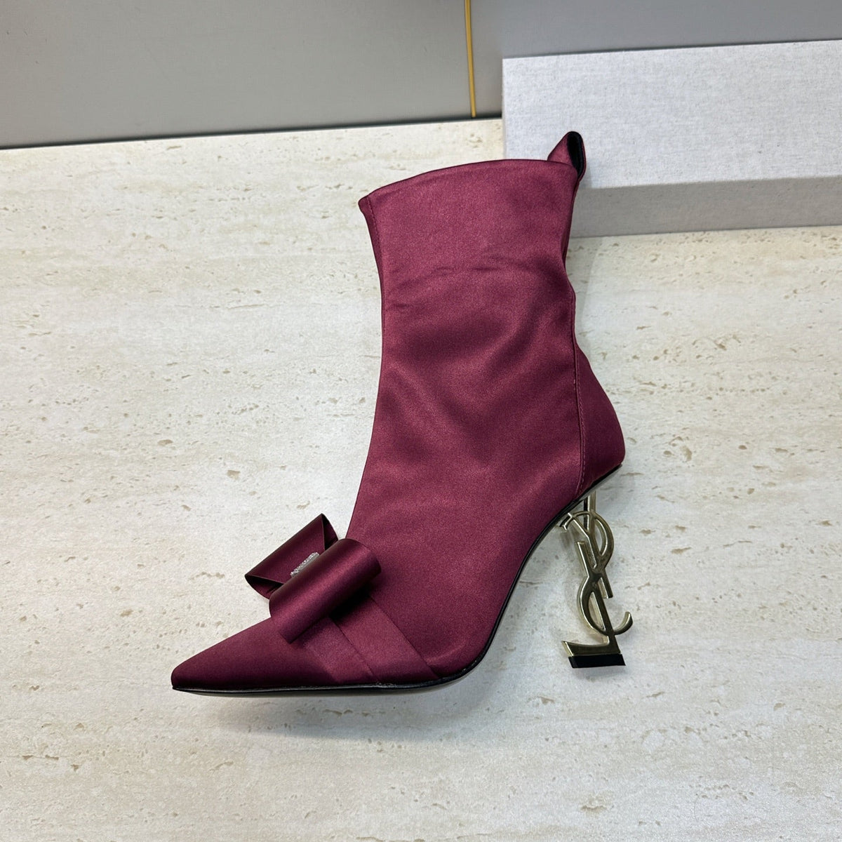 YSL 26S Bow Ankle Boots Pointed-Toe 10.5cm Burgundy Satin 118793