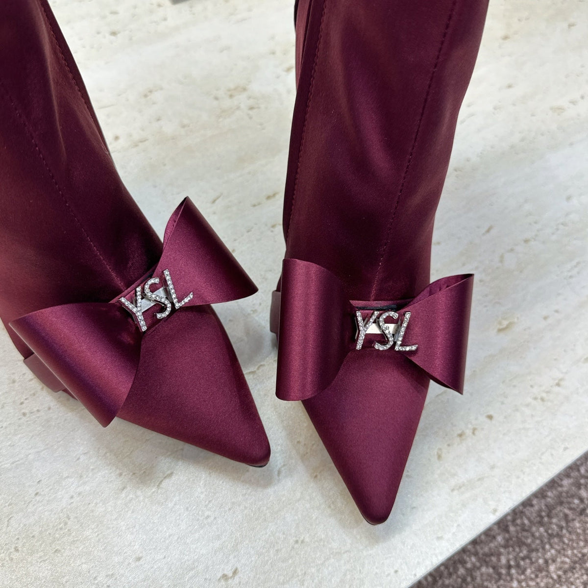 YSL 26S Bow Ankle Boots Pointed-Toe 10.5cm Burgundy Satin 118793