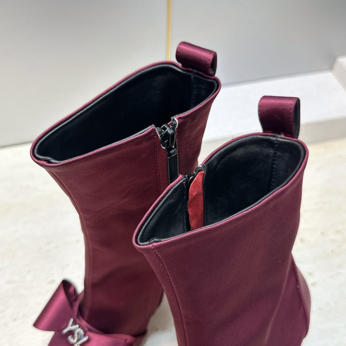 YSL 26S Bow Ankle Boots Pointed-Toe 10.5cm Burgundy Satin 118793