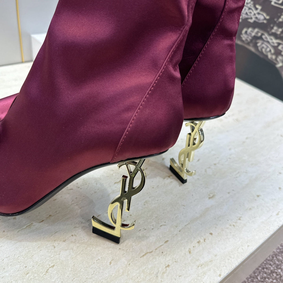 YSL 26S Bow Ankle Boots Pointed-Toe 10.5cm Burgundy Satin 118793