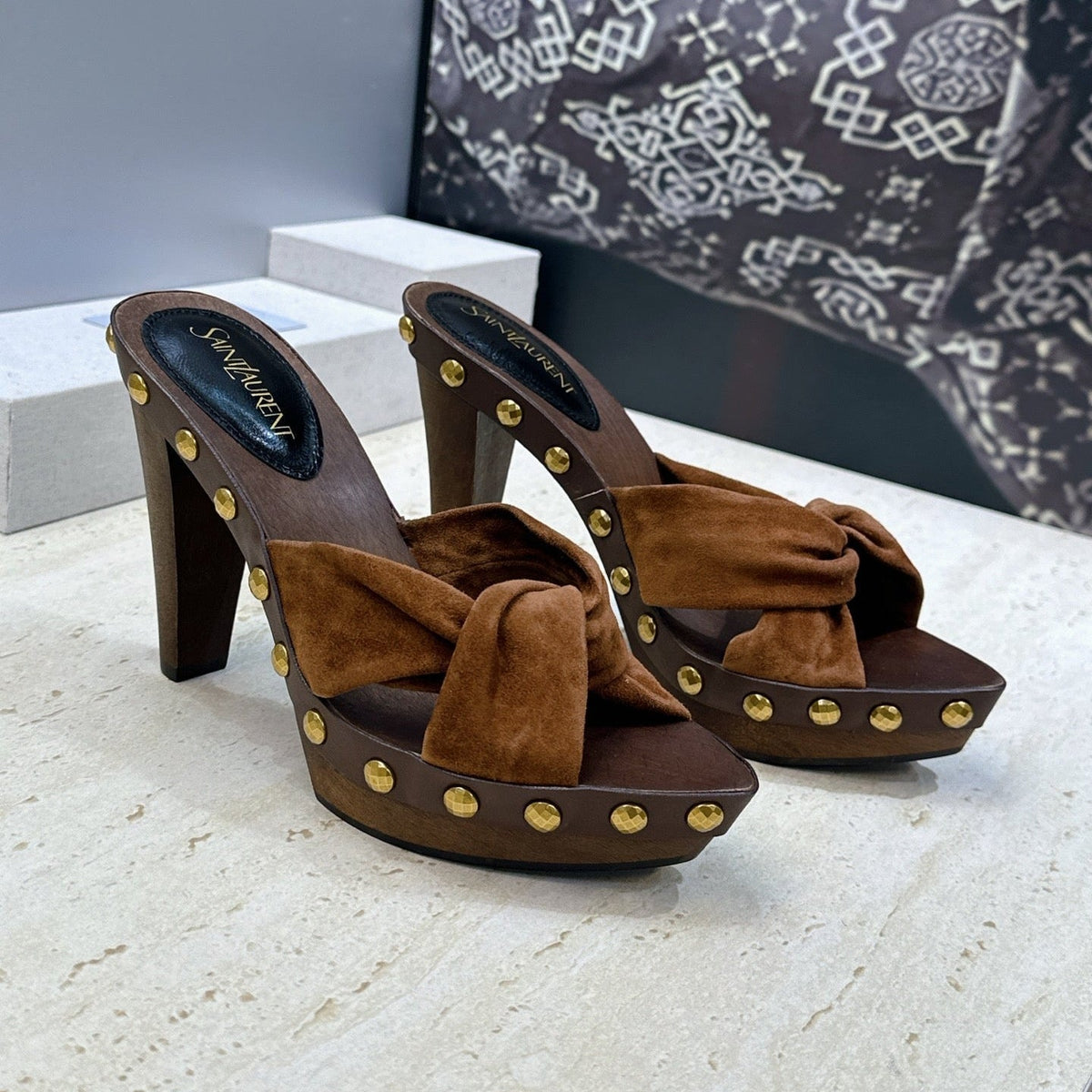 YSL 26S Platform Mules 9cm Knotted Strap Gold Studs Brown Suede 118792
