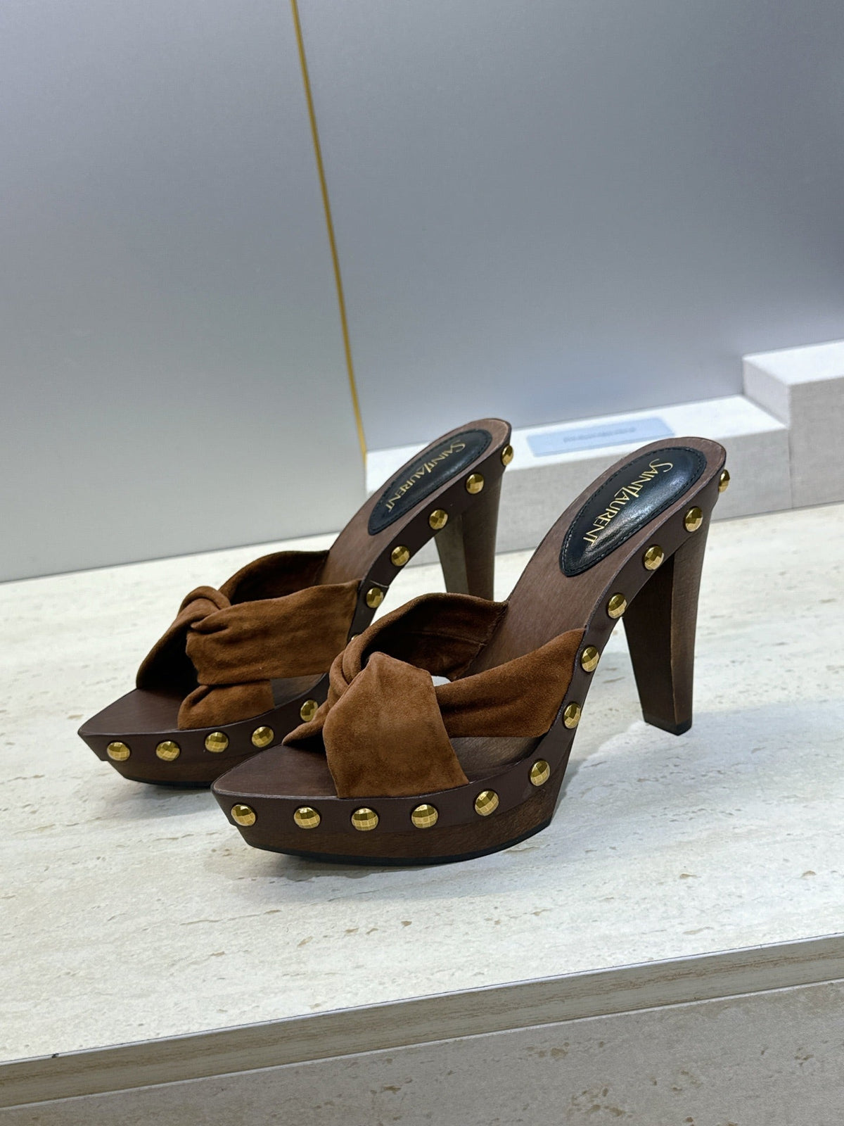 YSL 26S Platform Mules 9cm Knotted Strap Gold Studs Brown Suede 118792