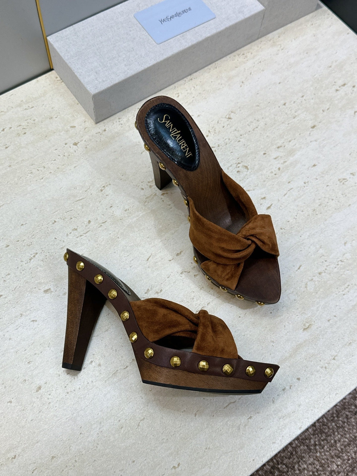 YSL 26S Platform Mules 9cm Knotted Strap Gold Studs Brown Suede 118792