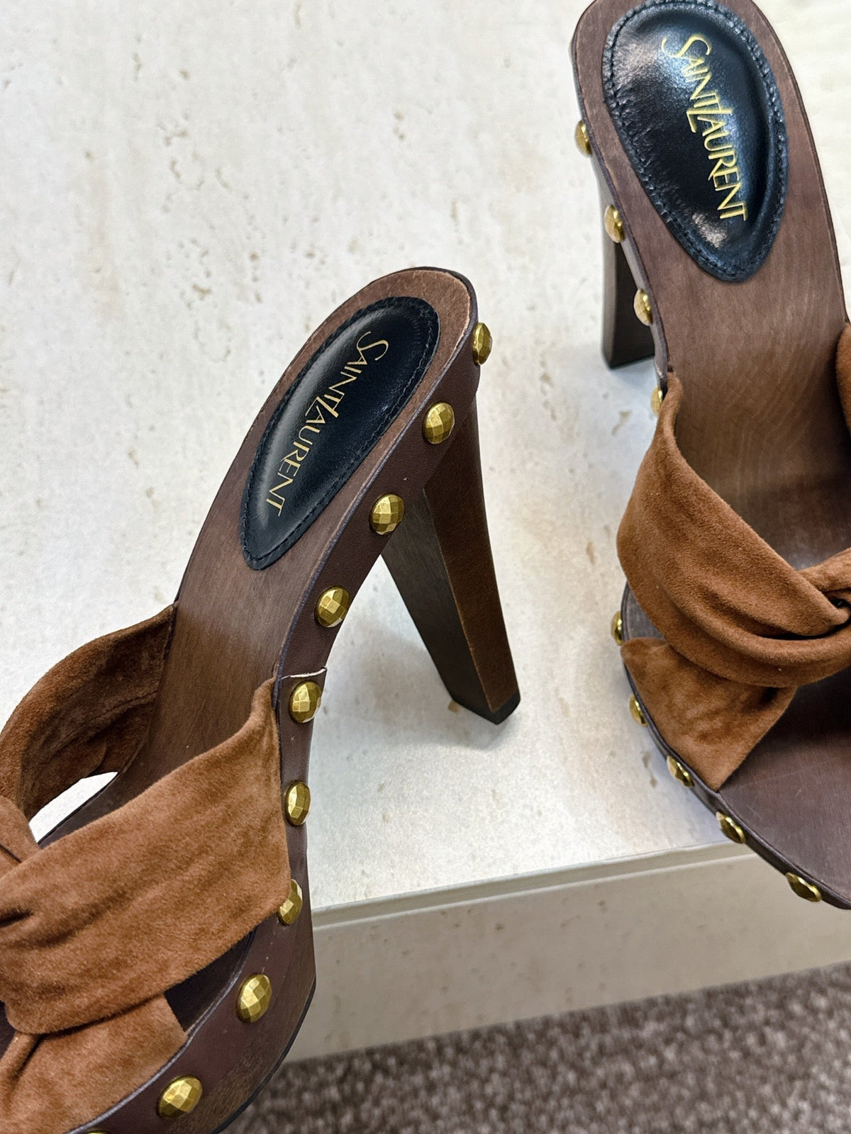 YSL 26S Platform Mules 9cm Knotted Strap Gold Studs Brown Suede 118792