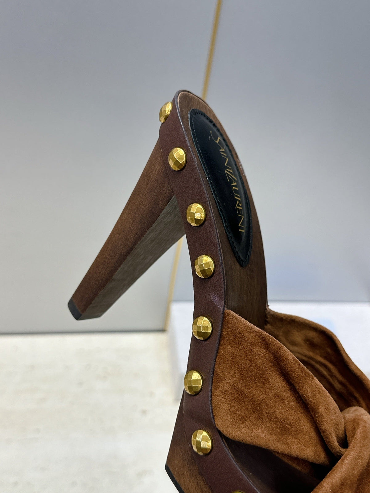 YSL 26S Platform Mules 9cm Knotted Strap Gold Studs Brown Suede 118792