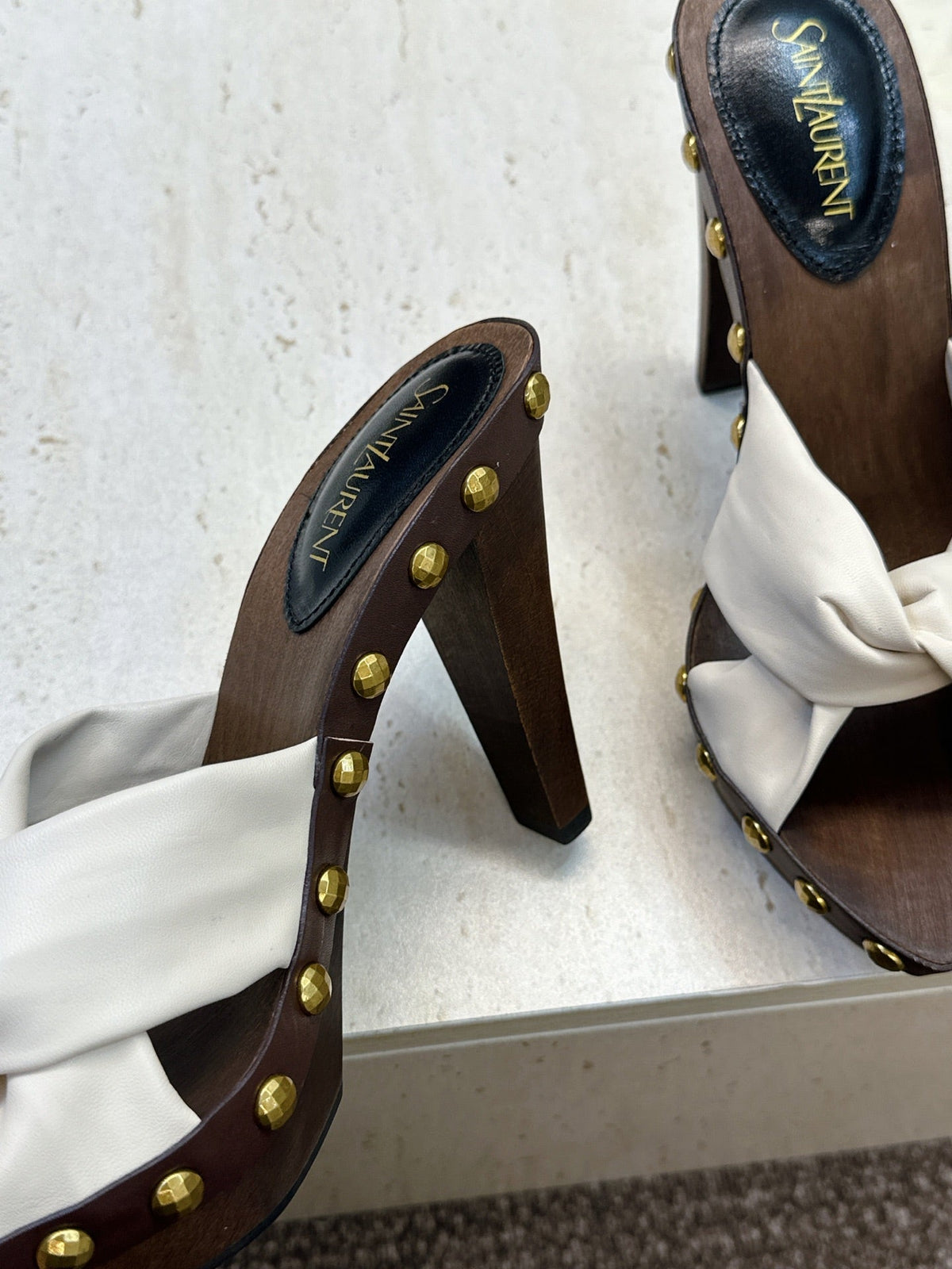 YSL 26S Platform Mules 9cm Knotted Strap Gold Studs Cream Suede 118791