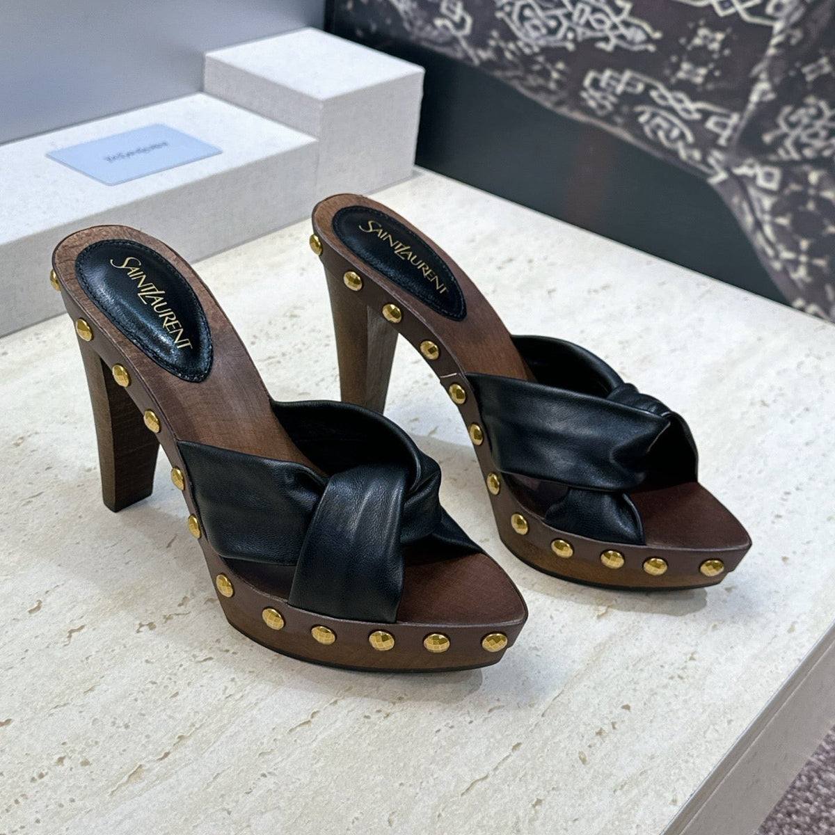 YSL 26S Platform Mules 9cm Knotted Strap Gold Studs Black Leather 118789
