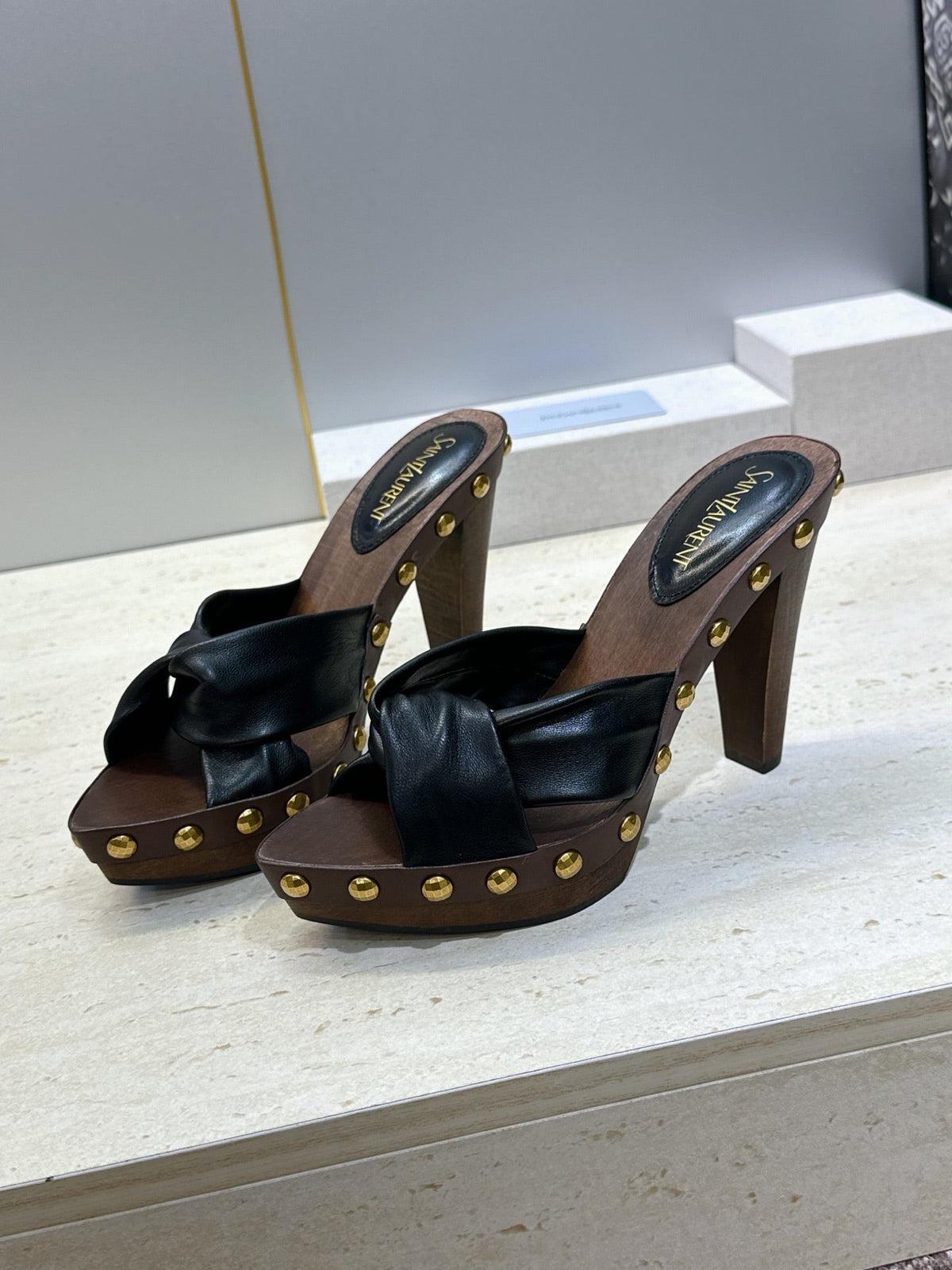 YSL 26S Platform Mules 9cm Knotted Strap Gold Studs Black Leather 118789