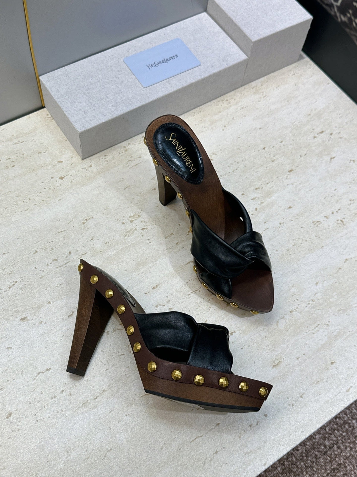 YSL 26S Platform Mules 9cm Knotted Strap Gold Studs Black Leather 118789