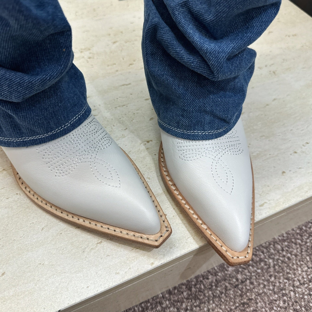 TR 26S Western Cowboy Boots 7cm White Blue Leather Denim 118533