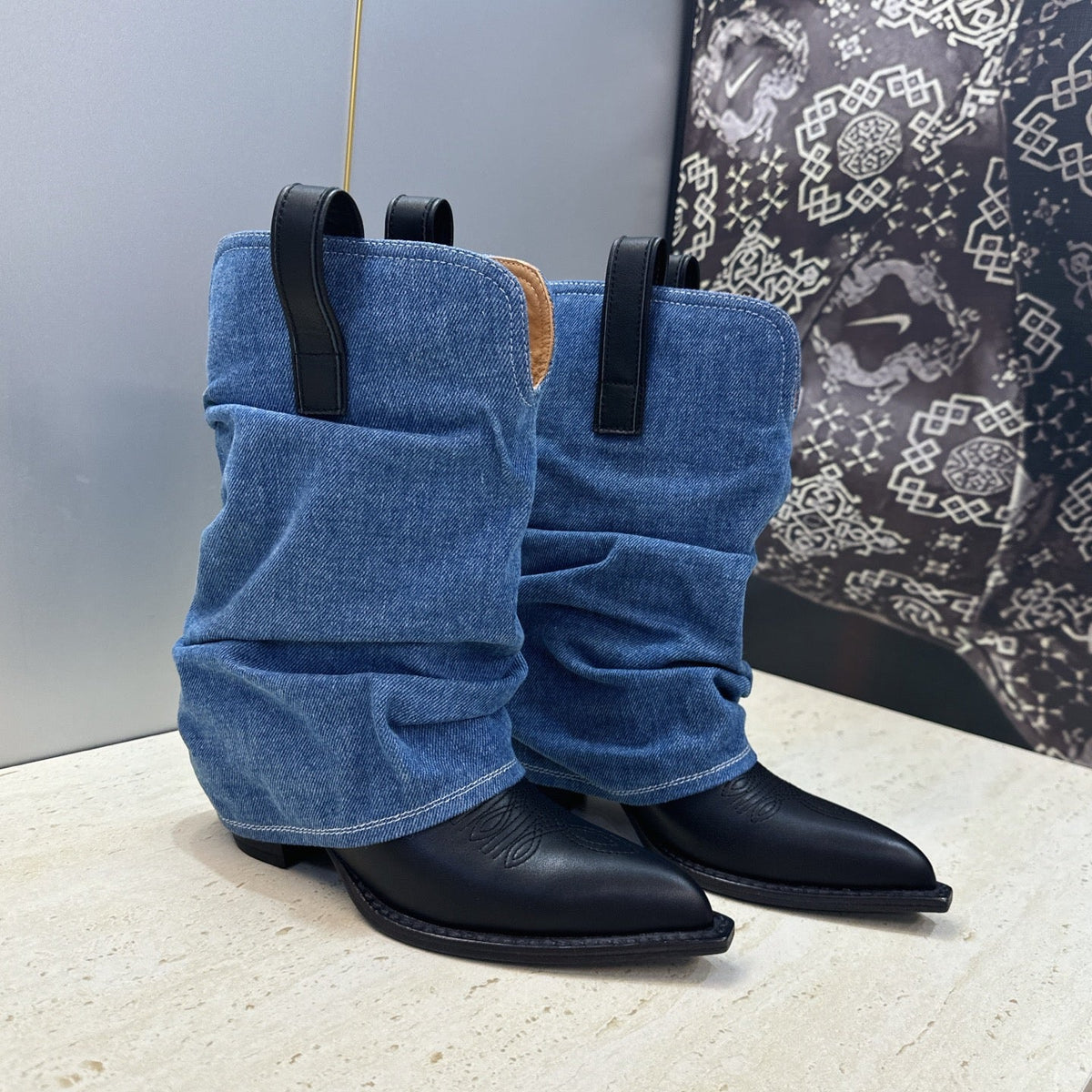 TR 26S Western Cowboy Boots 7cm Black Blue Leather Denim 118532