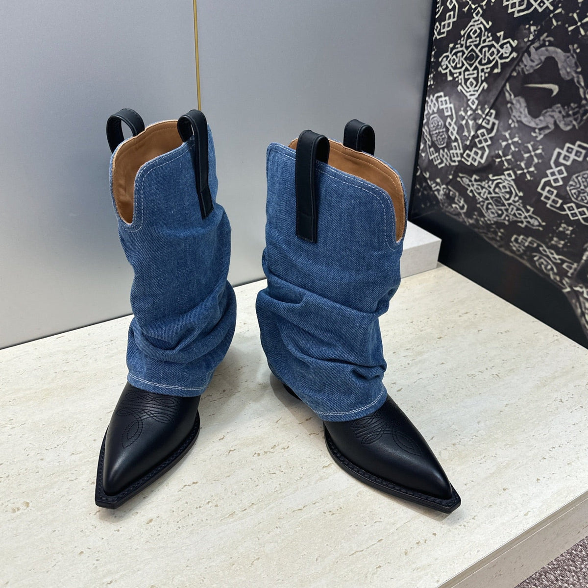 TR 26S Western Cowboy Boots 7cm Black Blue Leather Denim 118532