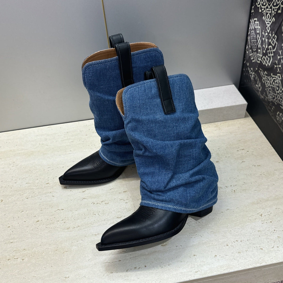 TR 26S Western Cowboy Boots 7cm Black Blue Leather Denim 118532