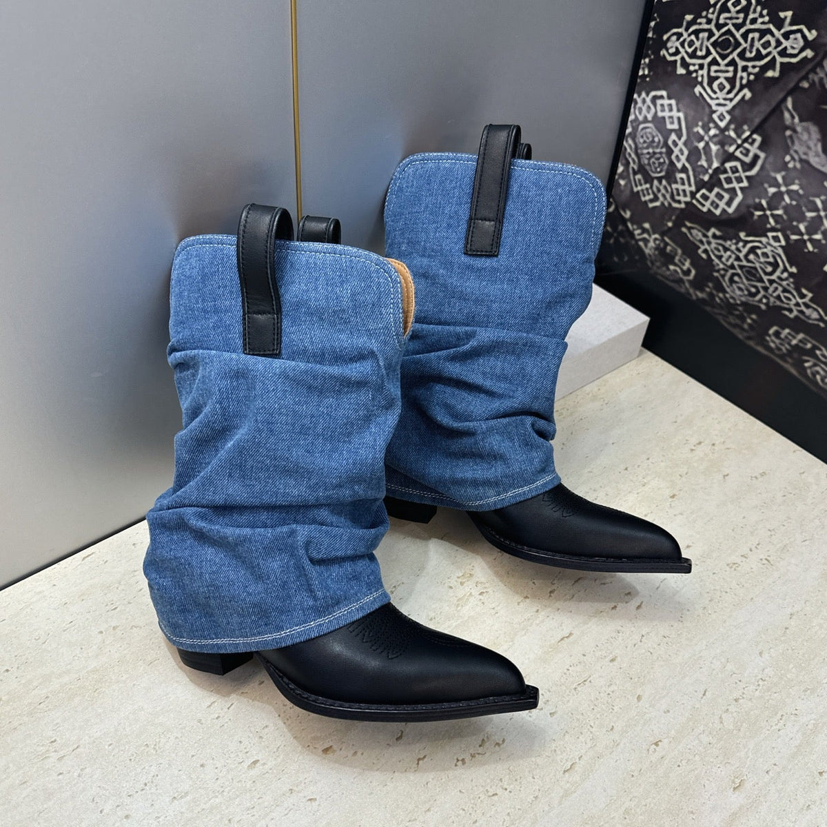 TR 26S Western Cowboy Boots 7cm Black Blue Leather Denim 118532