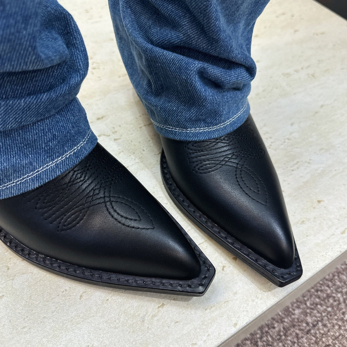 TR 26S Western Cowboy Boots 7cm Black Blue Leather Denim 118532