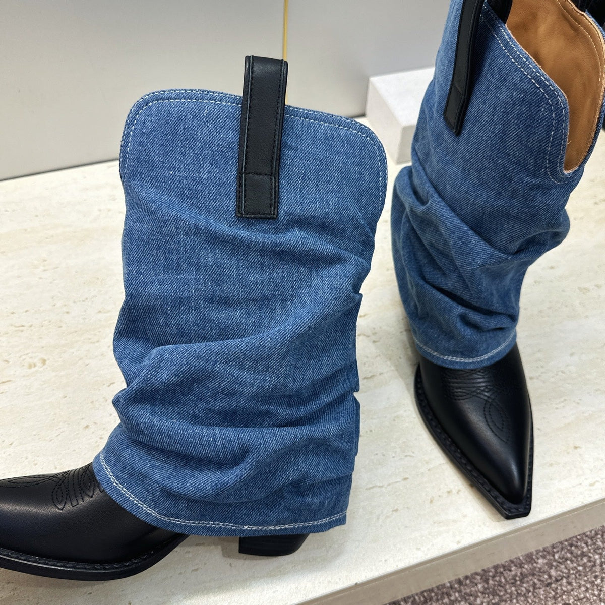 TR 26S Western Cowboy Boots 7cm Black Blue Leather Denim 118532