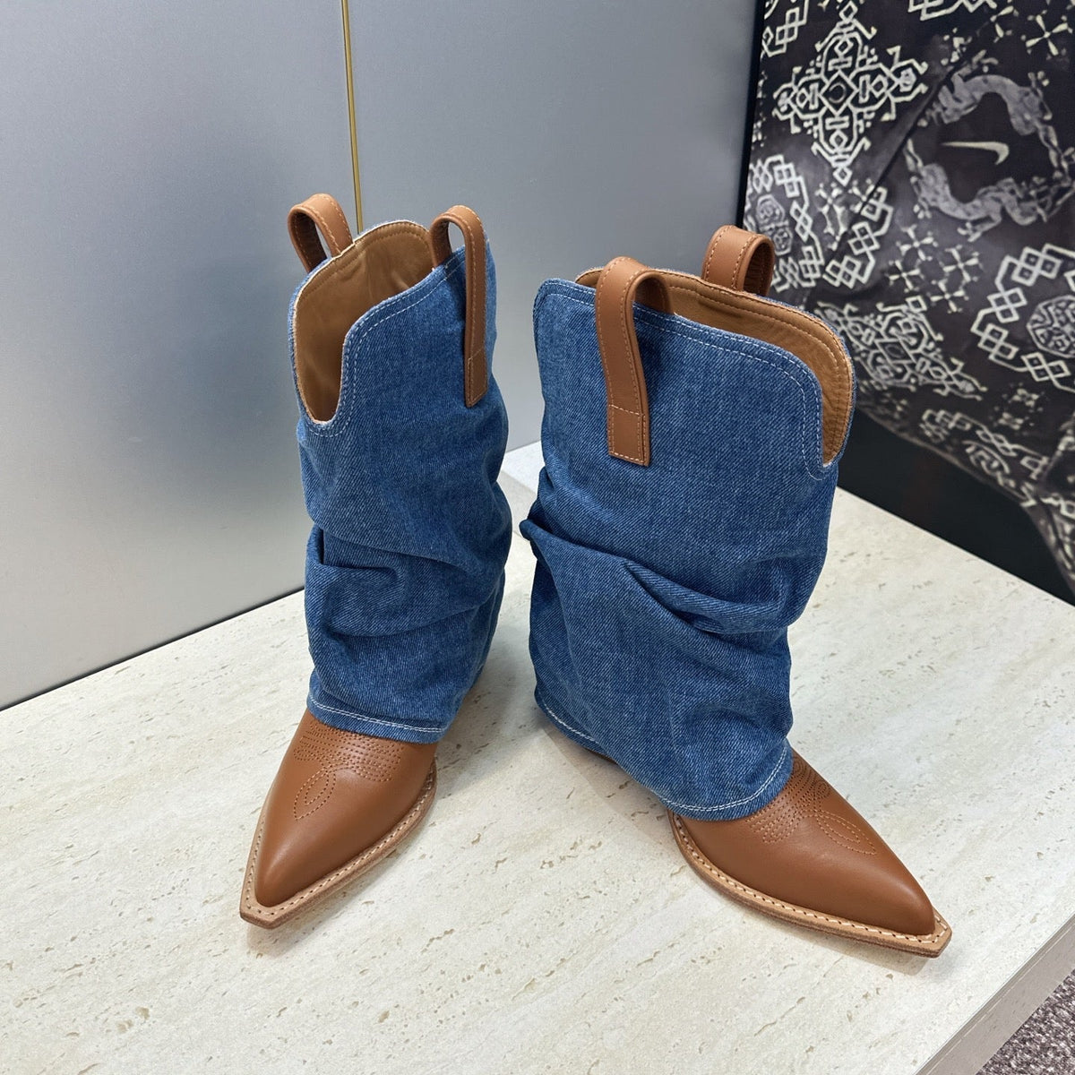 TR 26S Western Cowboy Boots 7cm Brown Blue Leather Denim 118531