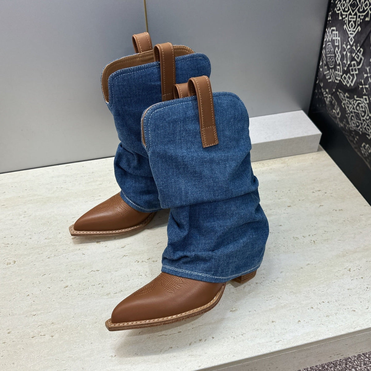 TR 26S Western Cowboy Boots 7cm Brown Blue Leather Denim 118531
