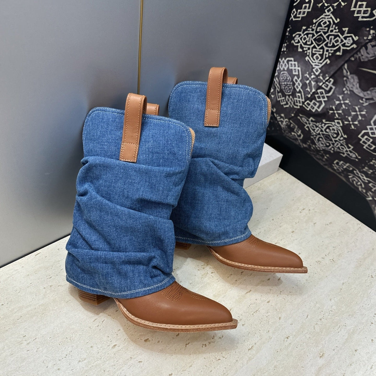 TR 26S Western Cowboy Boots 7cm Brown Blue Leather Denim 118531
