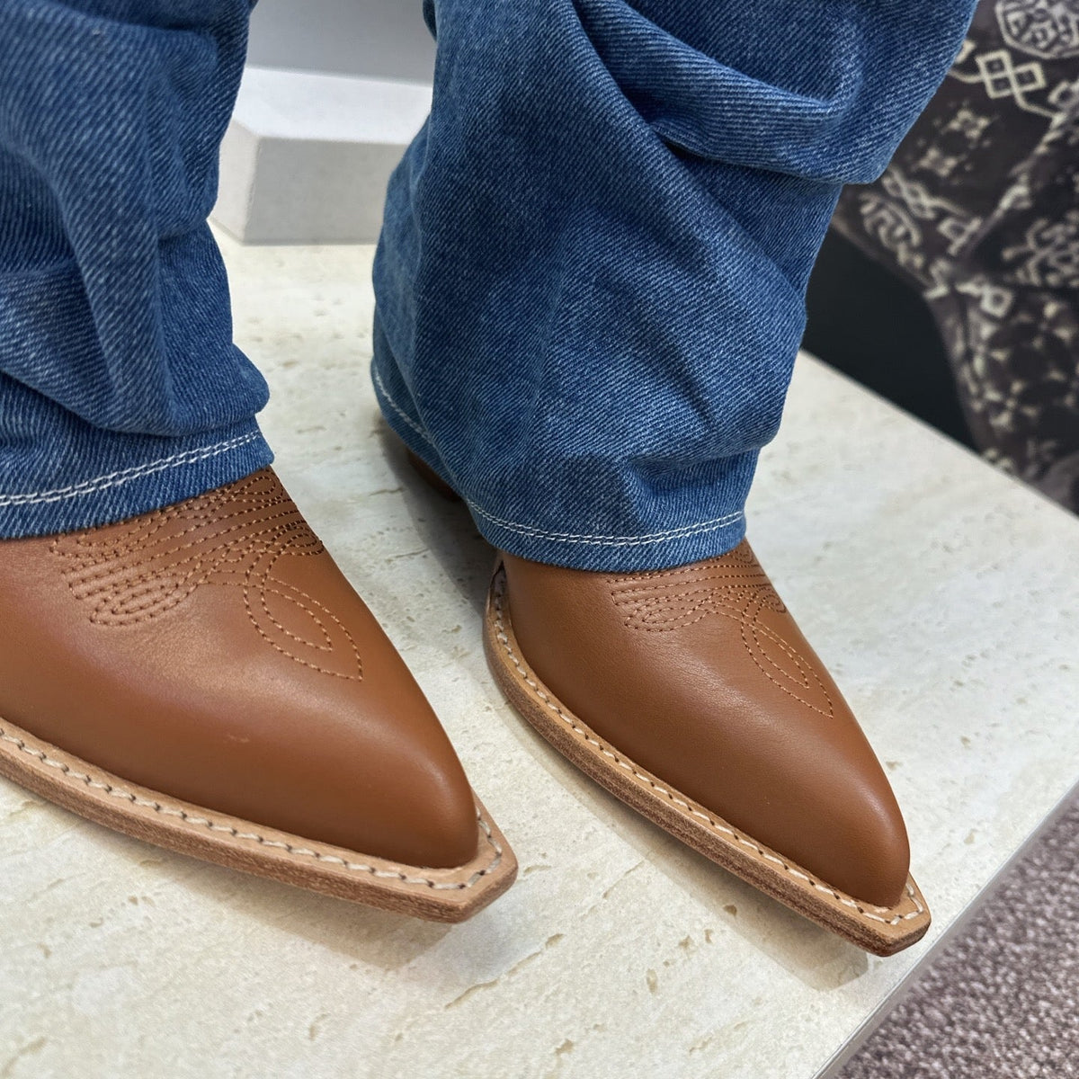 TR 26S Western Cowboy Boots 7cm Brown Blue Leather Denim 118531