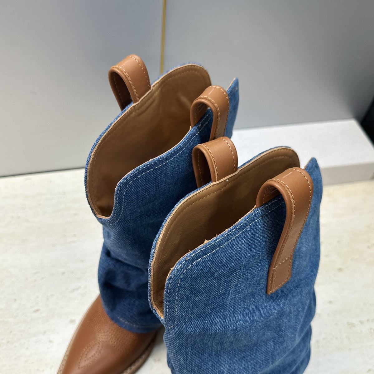 TR 26S Western Cowboy Boots 7cm Brown Blue Leather Denim 118531