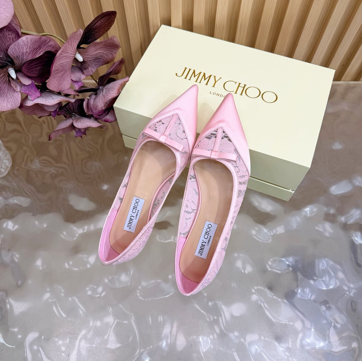 Jimmy Choo 26S Flats Light Pink Lace And Satin 382914