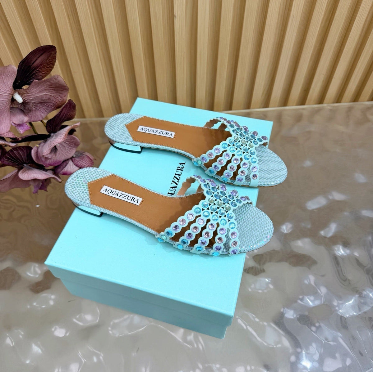 Aquazzura 26s Slides Light Blue Snakeskin Embossed Leather 482015