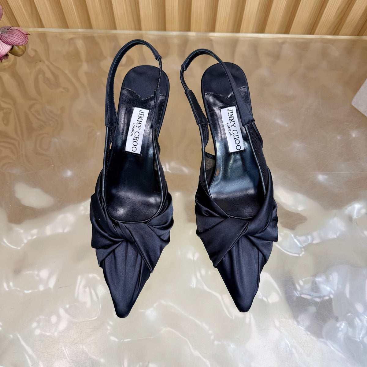Jimmy Choo 26S Slingback Heels 6.0cm Black Satin With Knot Detail 529148