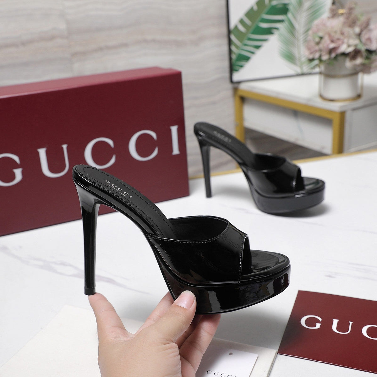 Gucci 26s Heeled Slide Sandals 12cm Black Patent Calfskin