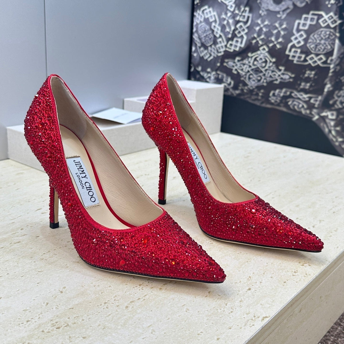 Jimmy Choo 26S High Heels 9.5cm Red Crystal-Embellished 839154