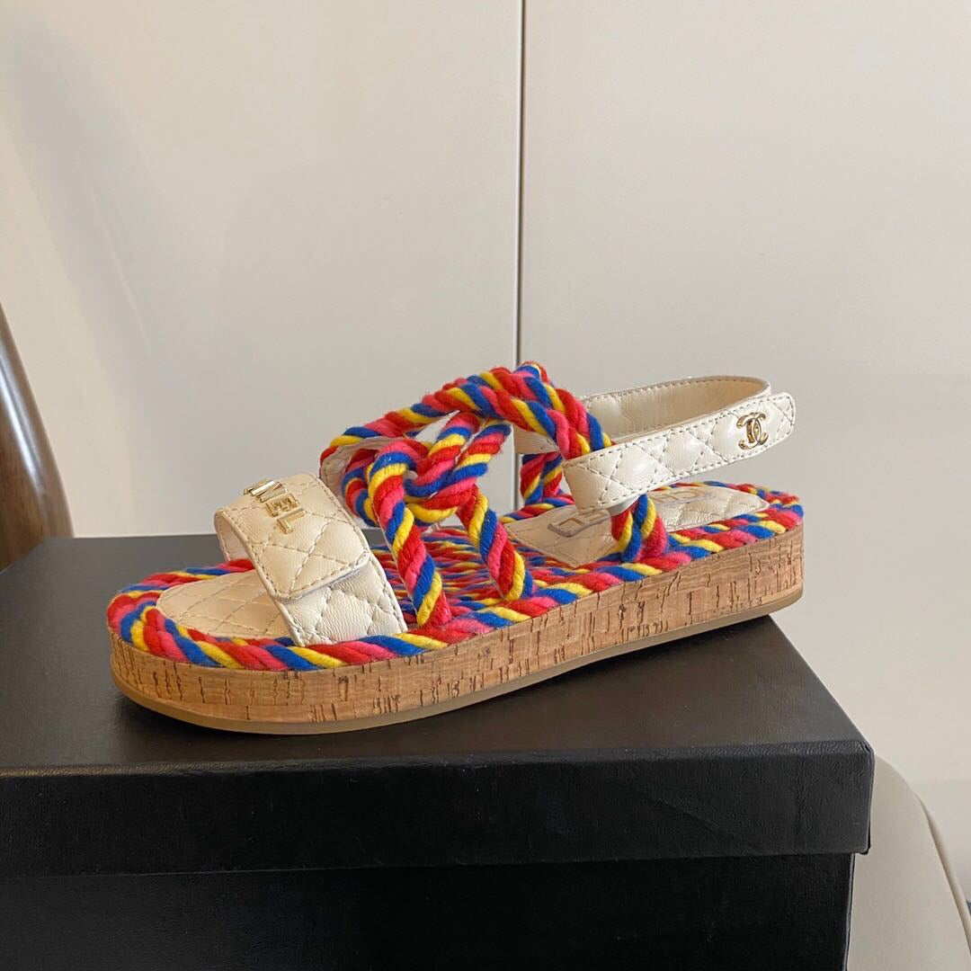 CC 26s Sandals Beige Multicolor Fabric Calfskin 140029