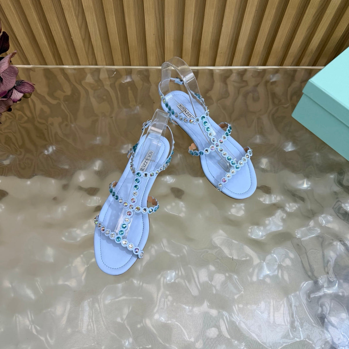 Aquazzura 26s Flat Sandals Light Blue Calfskin Crystal Embellished 471092