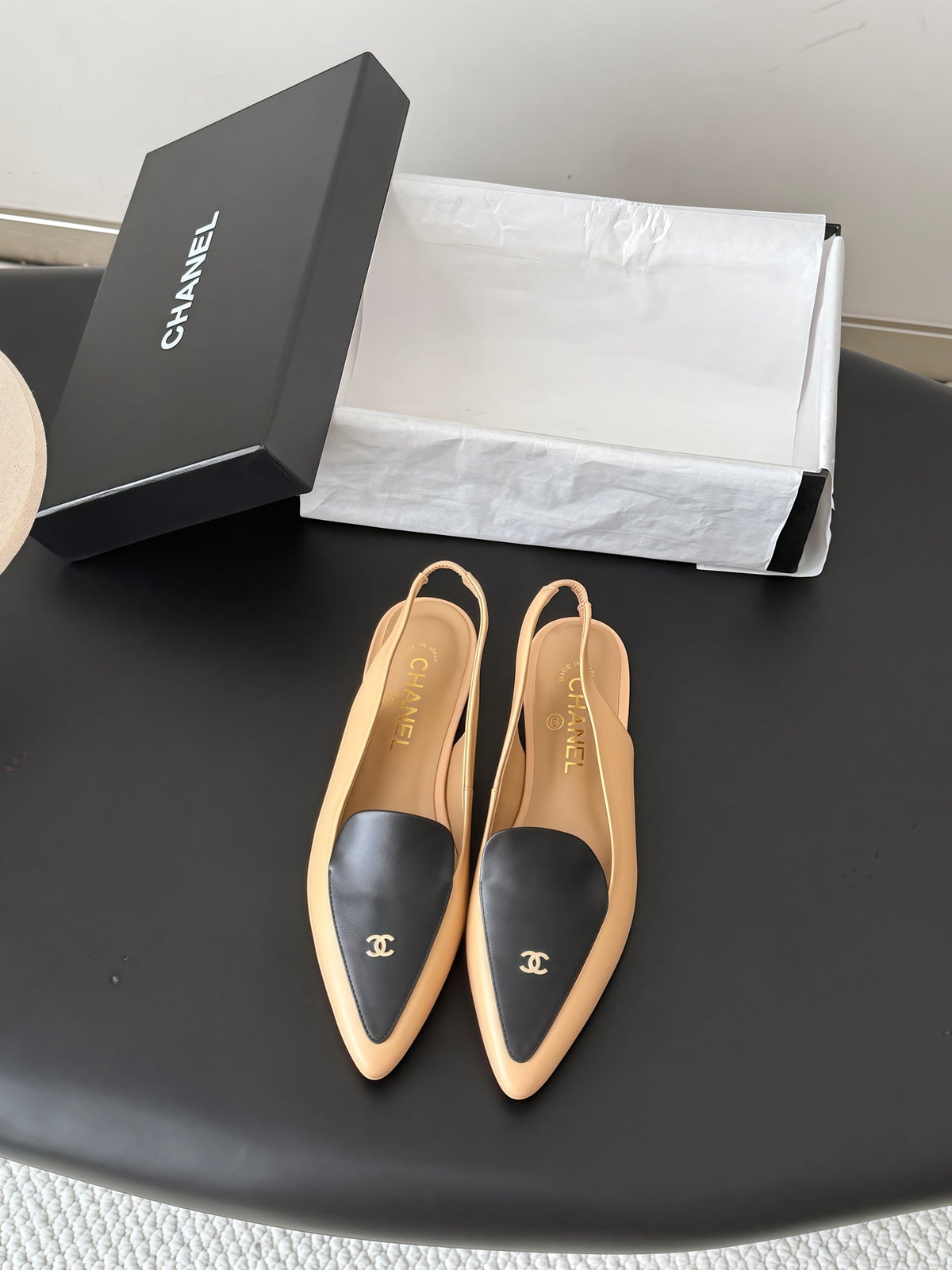 Chanel 26s Slingback Flat Black Beige Calfskin