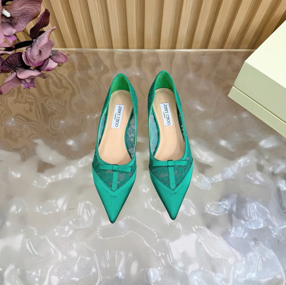 Jimmy Choo 26S Flats Green Lace And Satin 571492