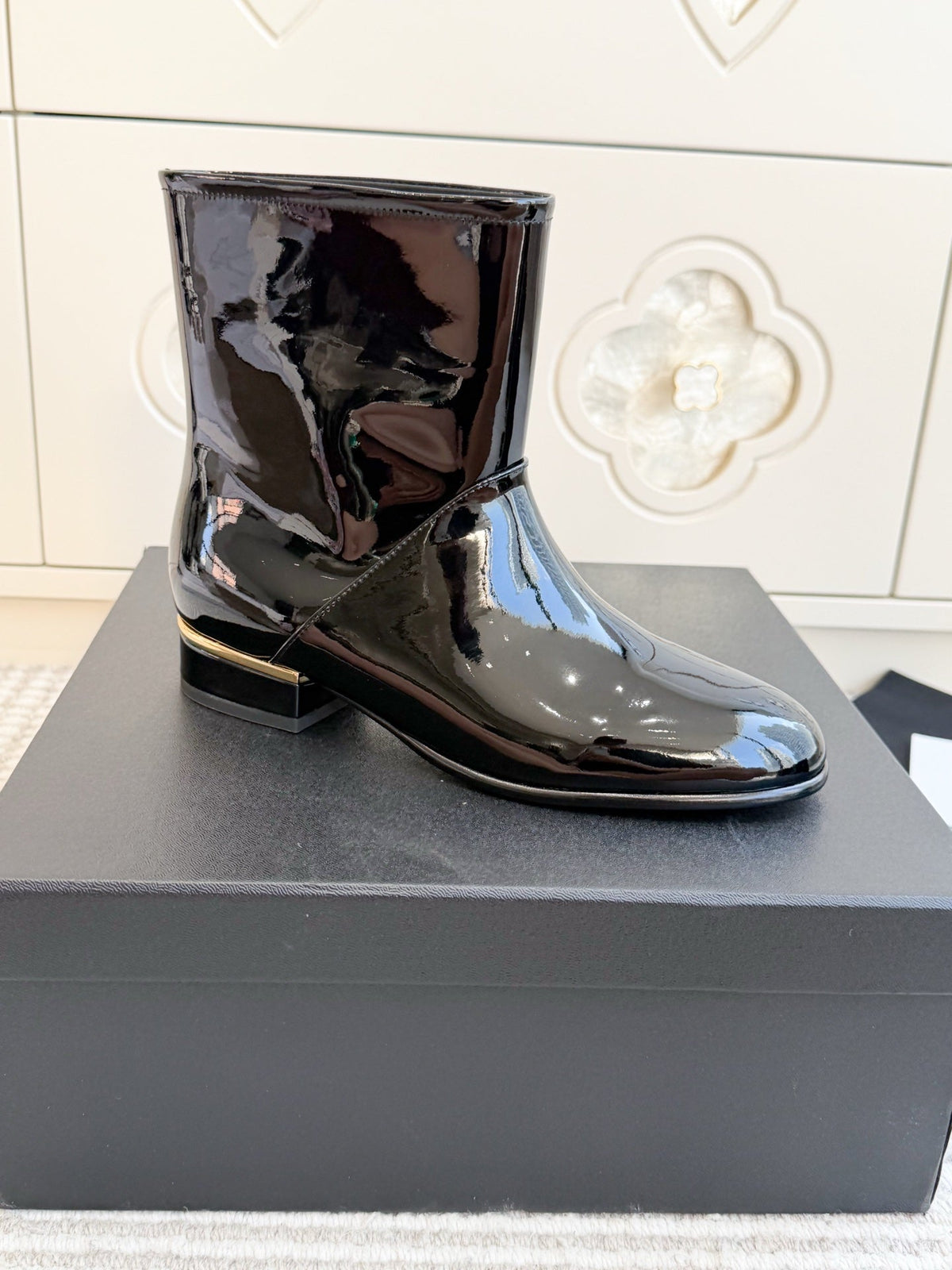 Chanel 26s Short Boots Black Patent Leather