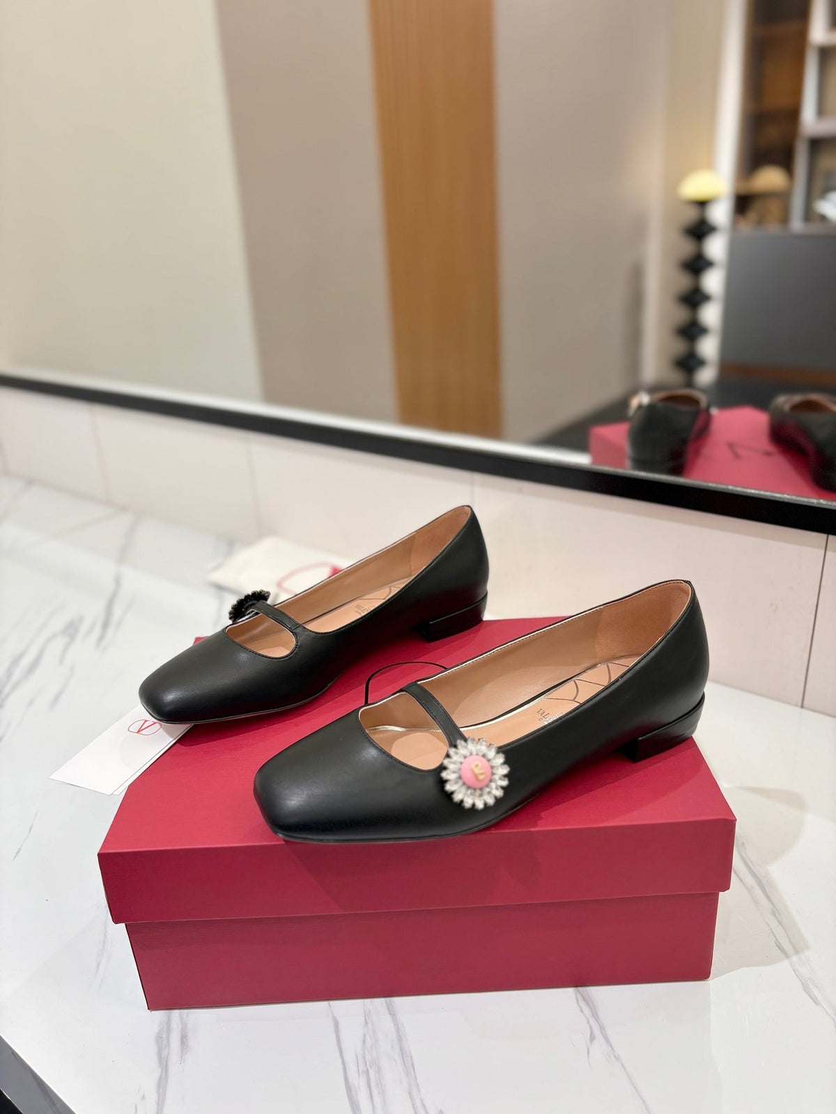 VLTN 26s Mary Jane Flats In Black Calfskin With Crystal Flower
