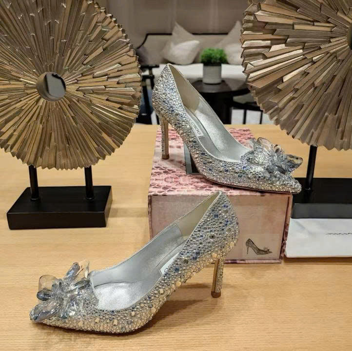 Jimmy Choo Avril Pointy Toe Pumps Crystal Covered Sliver Leather