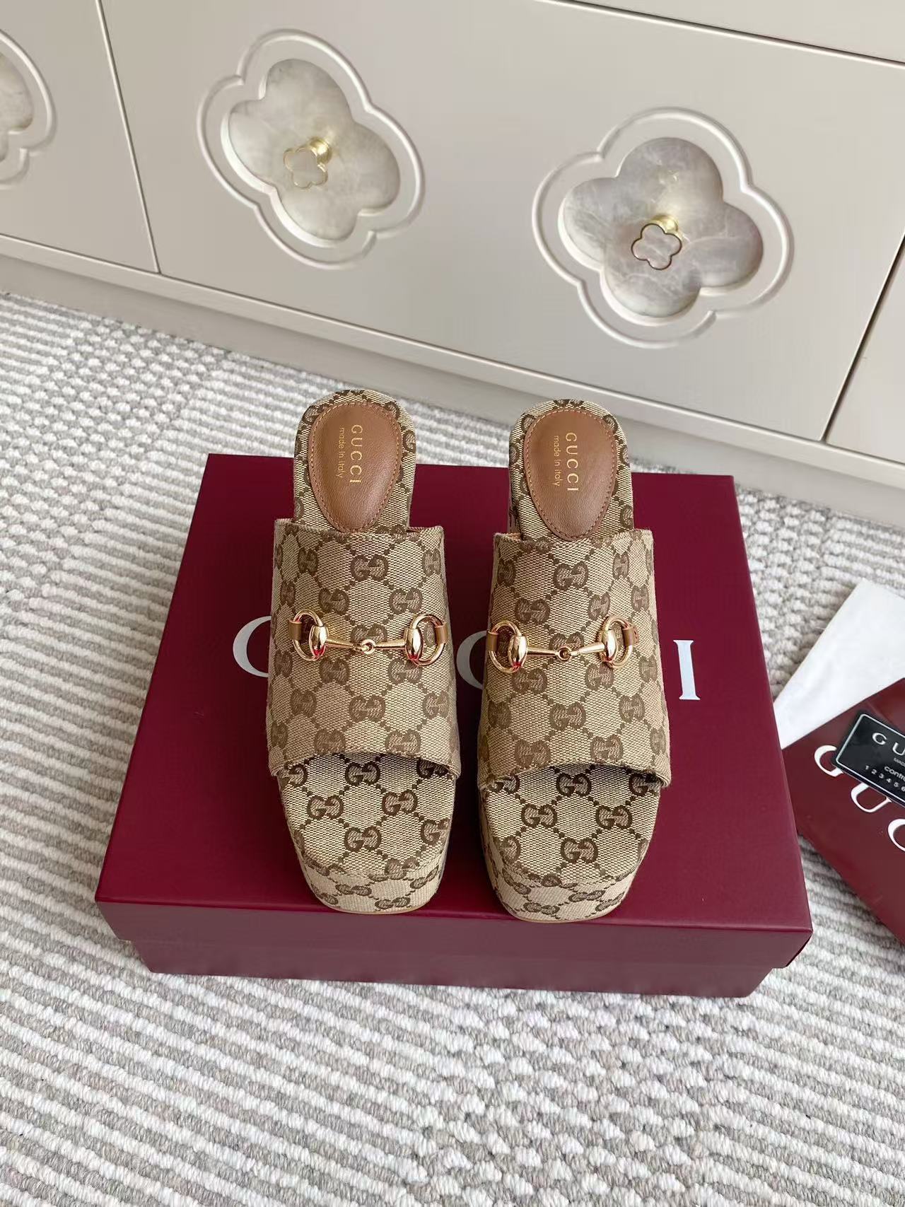 GG Women's Wedge Sandal 105mm Beige Brown Canvas