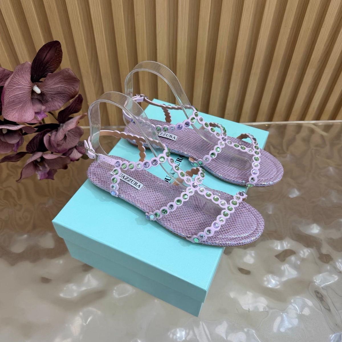 Aquazzura 26s Flat Sandals Light Purple Snakeskin Crystal Embellished 384719
