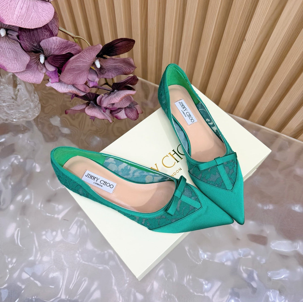 Jimmy Choo 26S Flats Green Lace And Satin 571492