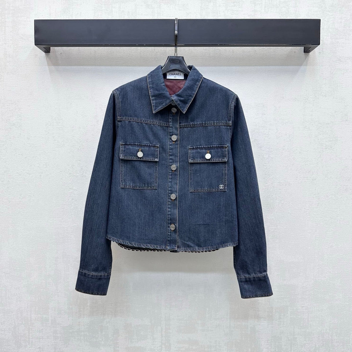 CC 26FW Chain-Trim Denim Shirt Jacket Burgundy Leather Collar Blue Cotton 441474