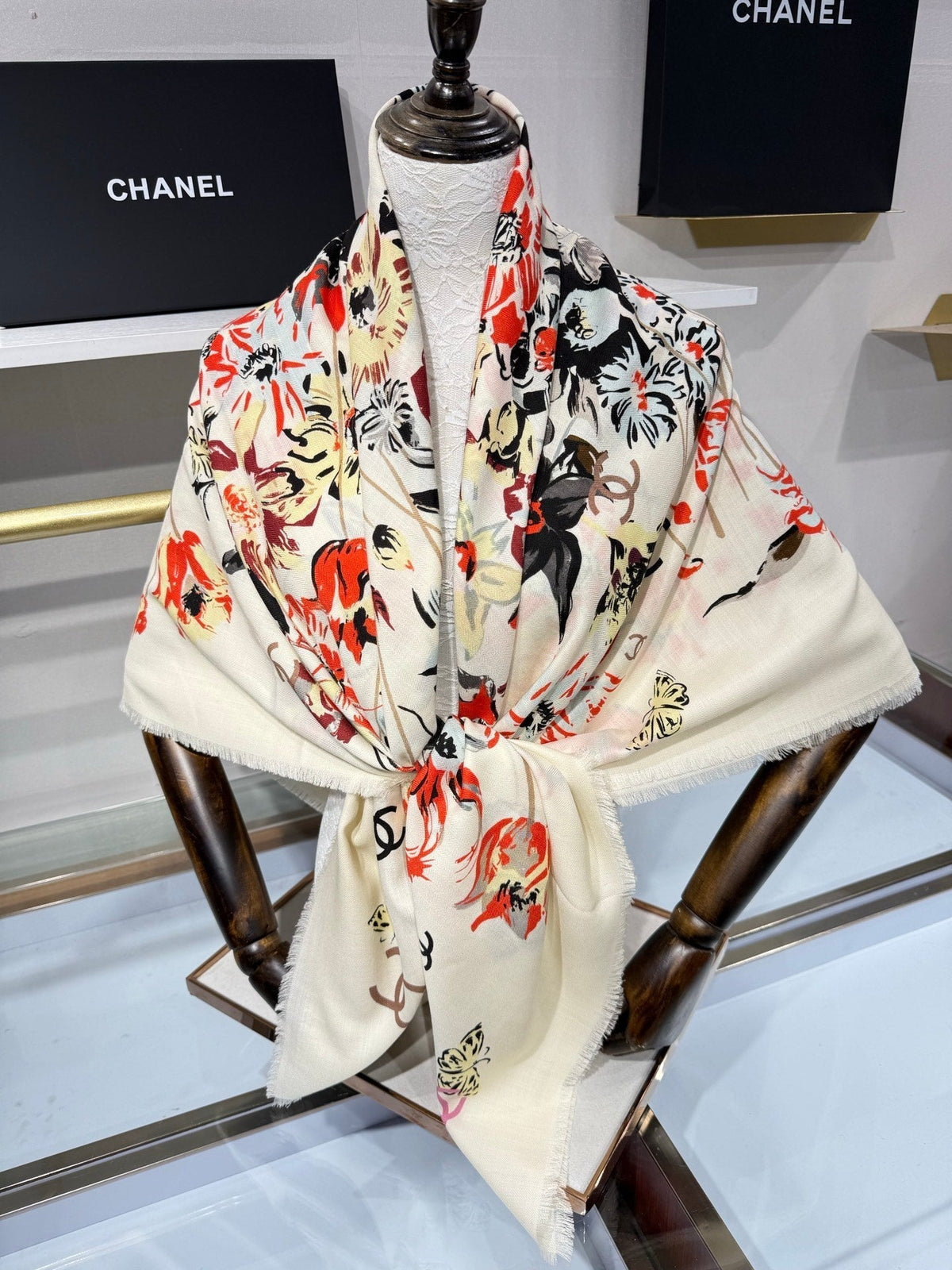 Chanel 2026 Square Scarf 140cm Red White Cashmere Silk 218853