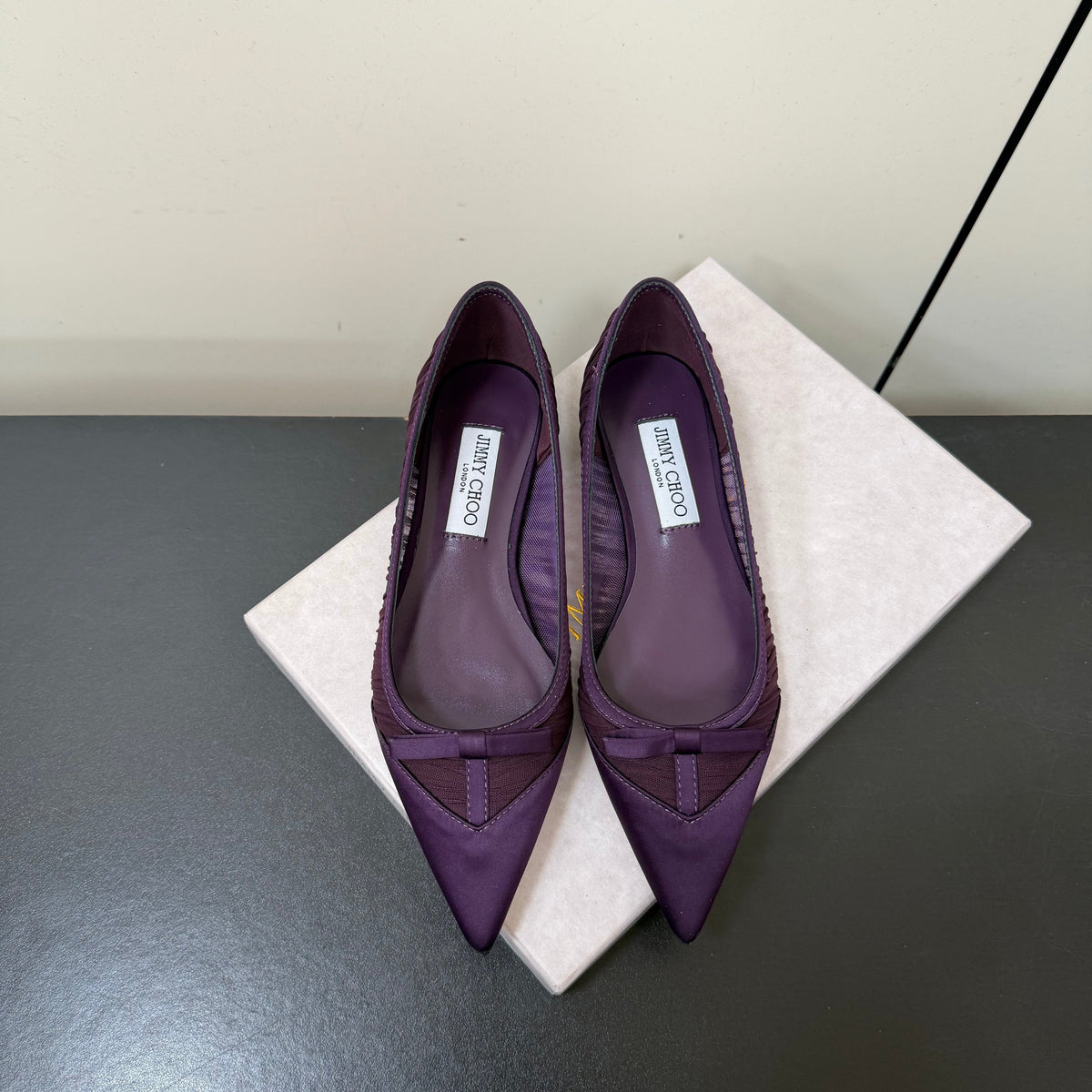 Jimmy Choo 26S Pointed-Toe Flats Dark Purple Satin 849312