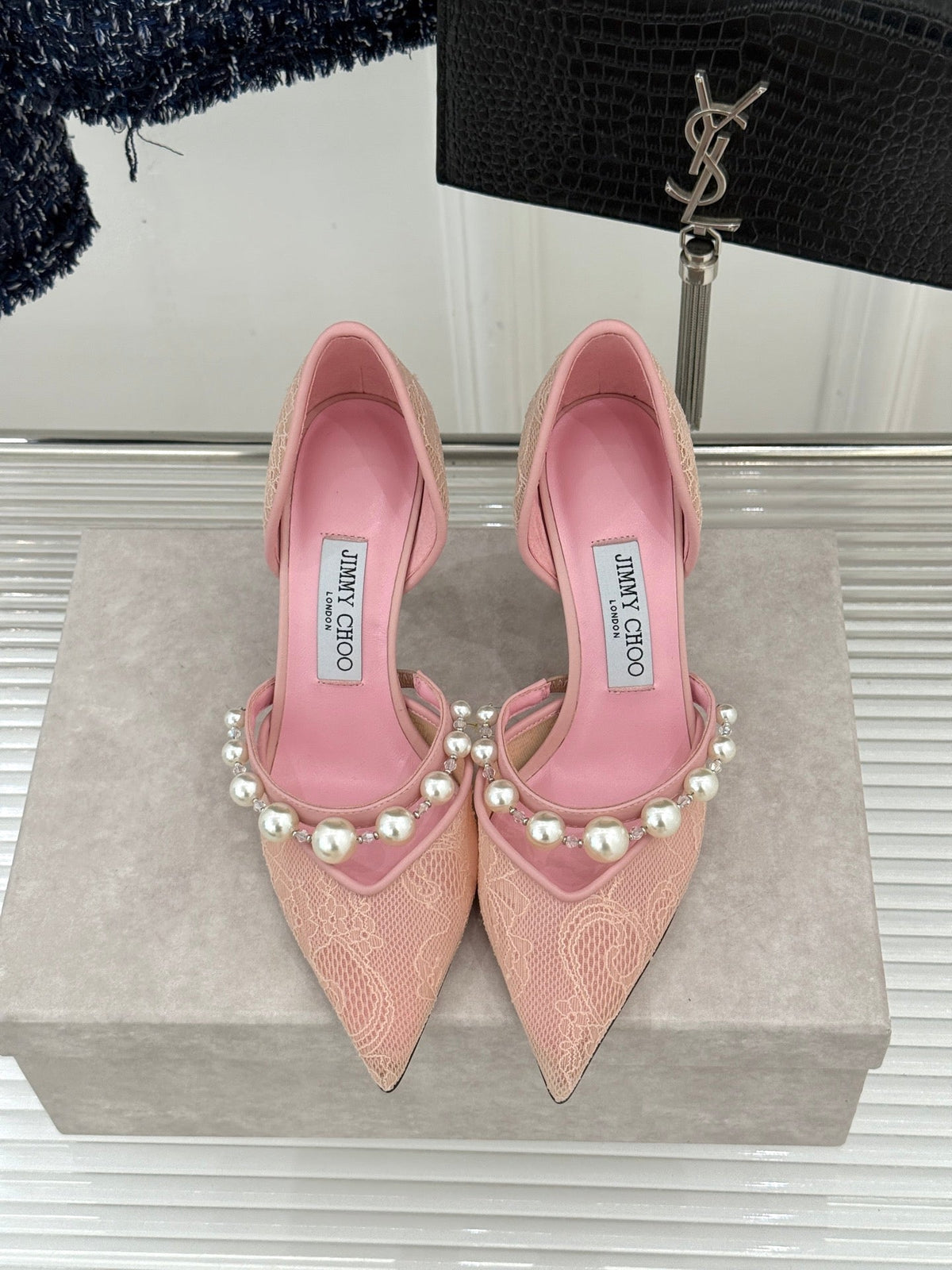 Jimmy Choo 26S High Heels 6.5cm Light Pink Lace Pearl-Embellished 931846
