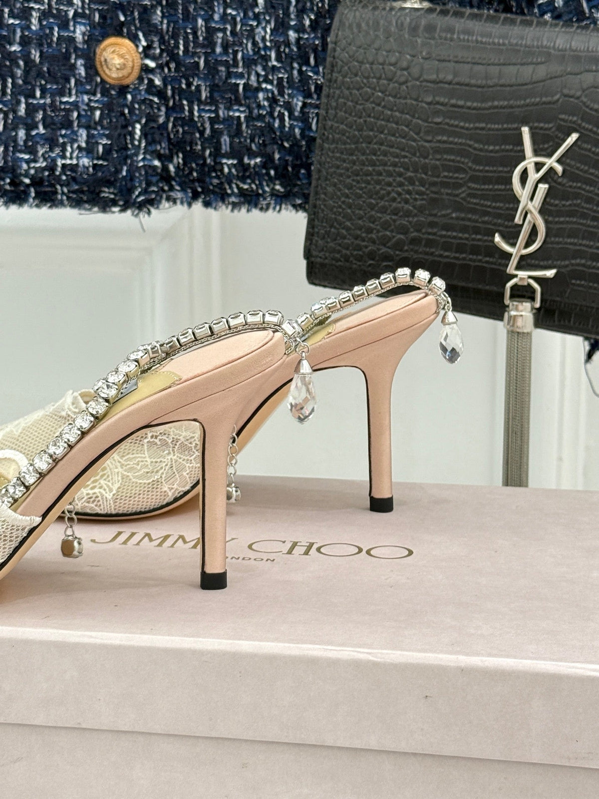 Jimmy Choo 26S Embellished High-Heeled Sandals 8.5cm Cream White Lace 639148