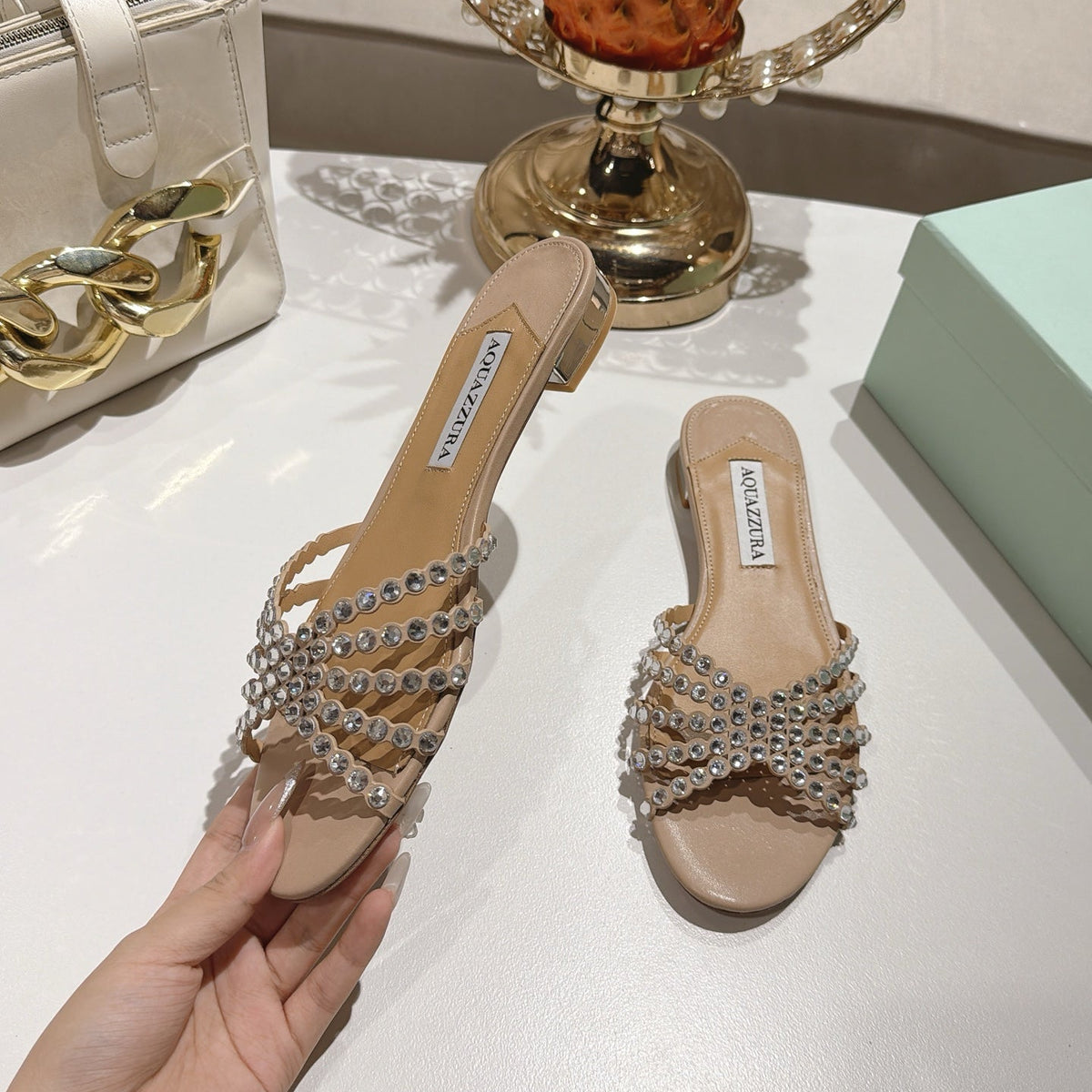 Aquazzura 26s Slides Beige Lambskin Crystal Embellished 619582