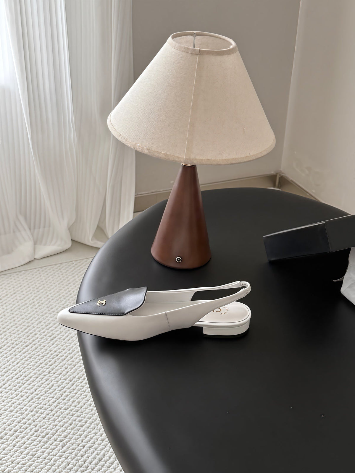 Chanel 26s Slingback Flat Black White Calfskin
